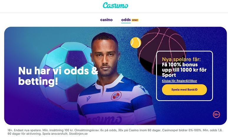 Casumo bettingsida med 100% upp till kr oddsbonus
